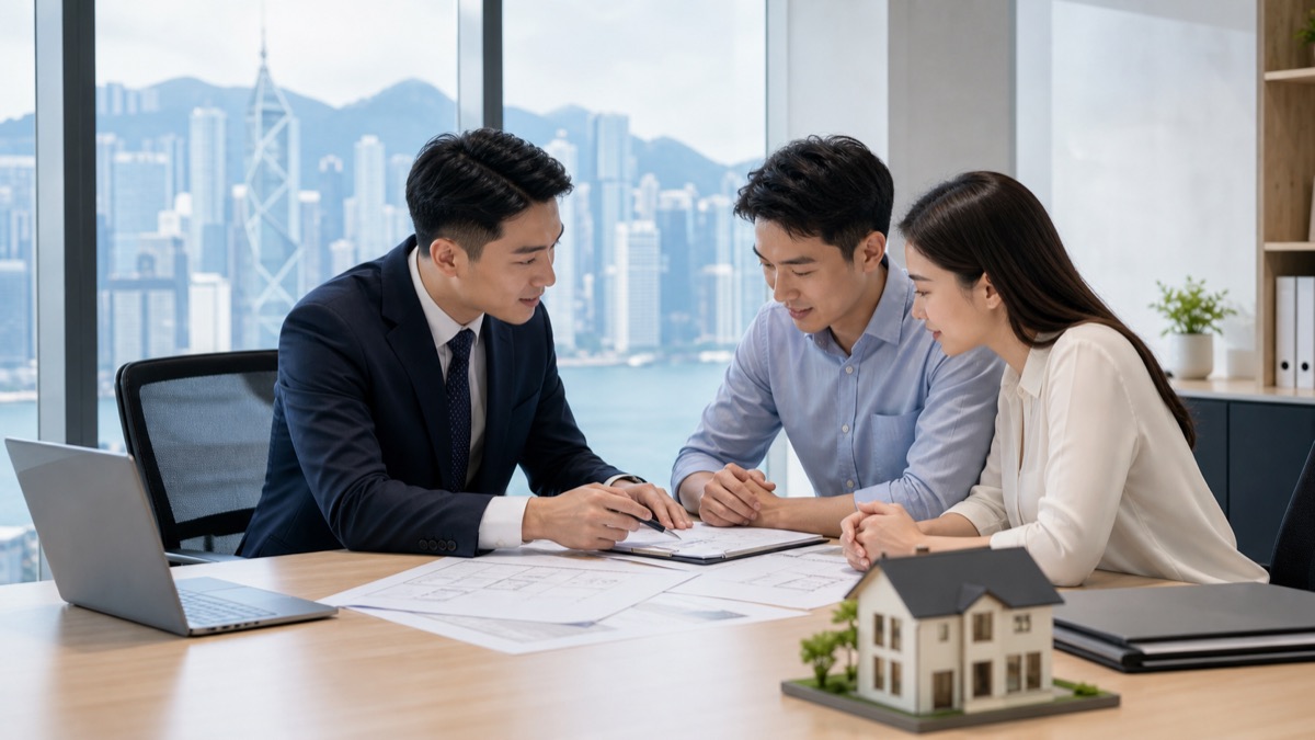 專業顧問與客戶於辦公室商討物業轉按安排
